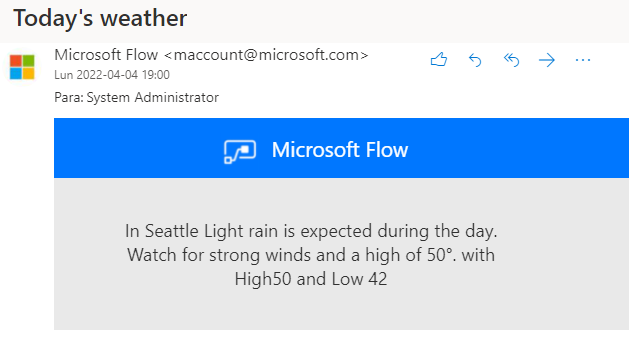 Captura de pantalla de un correo electrónico enviado por el flujo de nube para el tiempo de Seattle
