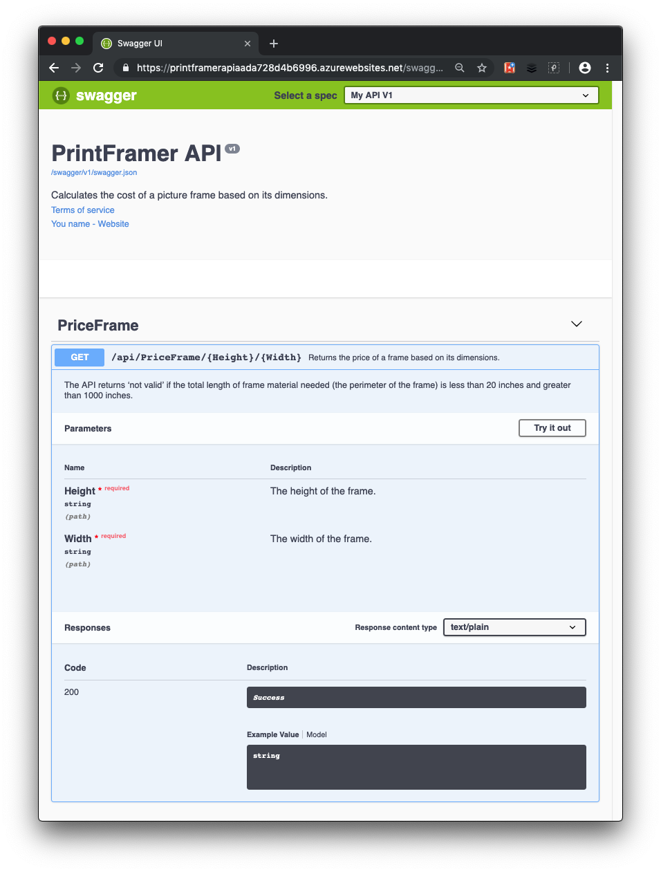 Swagger UI con la documentación final de comentarios XML para la API.