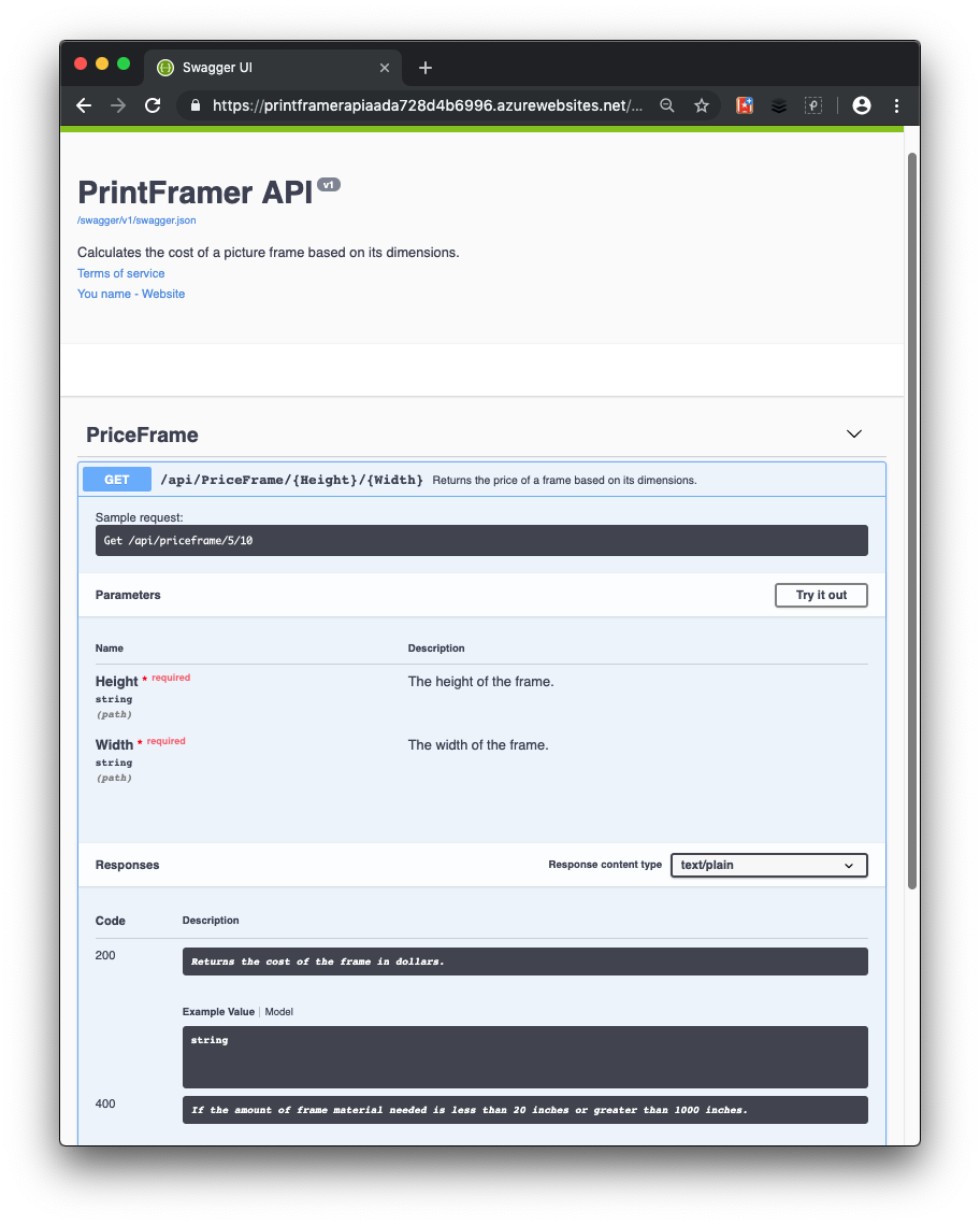 Swagger UI con más documentación de comentarios XML para la API.