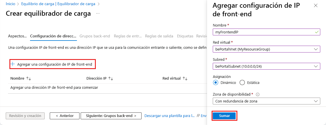 Captura de pantalla que muestra los valores completados de Agregar una configuración de IP de front-end.