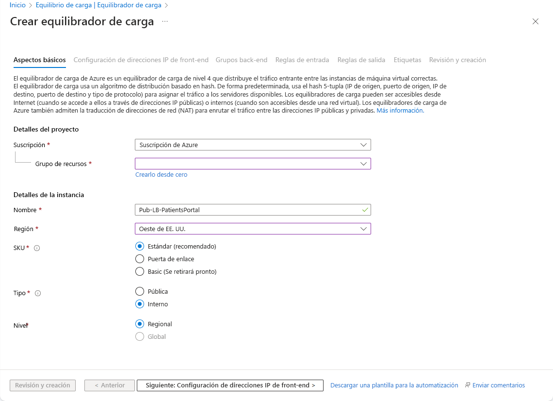 Captura de pantalla que muestra la pestaña Aspectos básicos de la pantalla Crear un equilibrador de carga en Azure Portal.