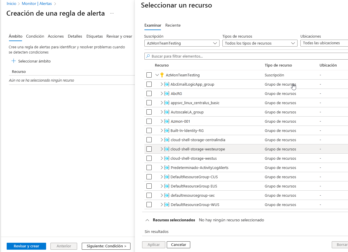 Captura de pantalla de la página Crear regla en el portal Azure Monitor.