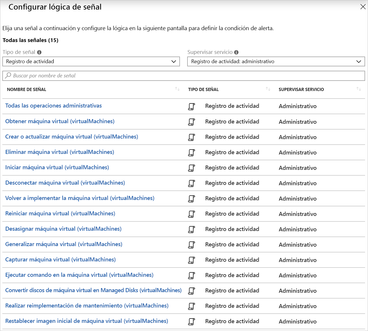 Captura de pantalla de la lógica de señal para las alertas de registro de actividad relacionadas con las máquinas virtuales.