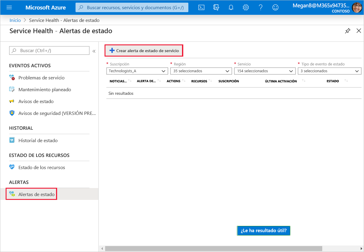 Captura de pantalla en la que se muestra cómo crear una alerta de estado de servicio.