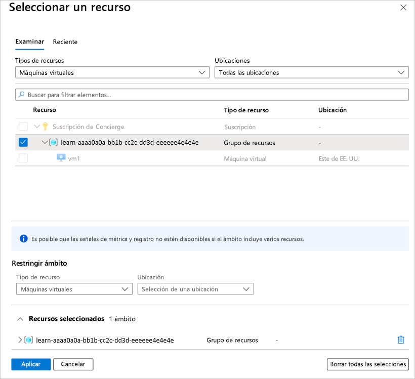 Captura de pantalla que muestra el panel Seleccionar un ámbito con el grupo de recursos de espacio aislado seleccionado.