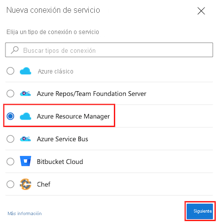 Captura de pantalla de Azure DevOps en la que se muestra el tipo de conexión de servicio de Azure Resource Manager.