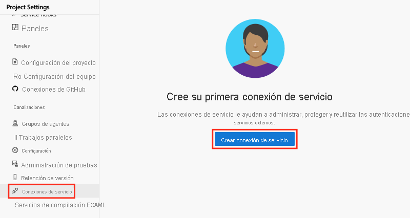 Captura de pantalla de Azure DevOps en la que se muestra el botón para crear una conexión de servicio.