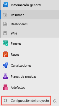 Captura de pantalla de Azure DevOps en la que se muestra el elemento de menú para la configuración del proyecto.