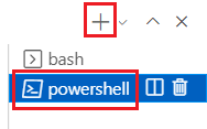 Captura de pantalla de la ventana de terminal de Visual Studio Code, con el terminal de PowerShell y el signo más seleccionados.