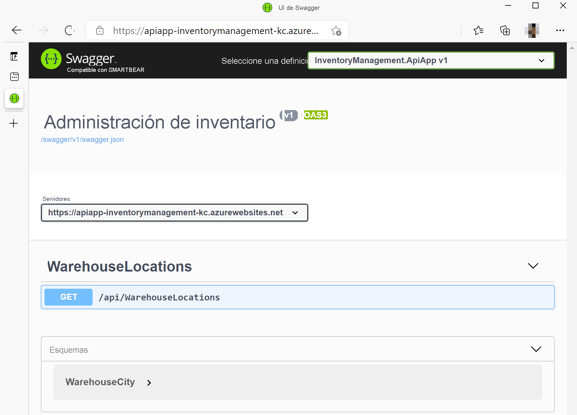 Recorte de pantalla de la interfaz de usuario de Swagger con Inventory Management.