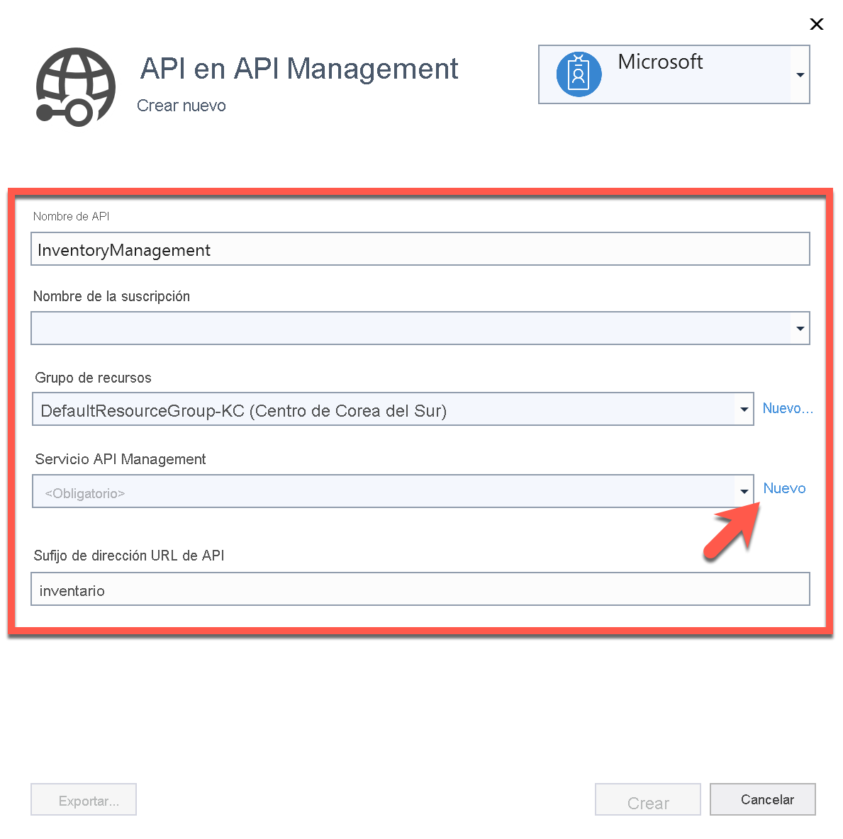 Creación de una API en API Management