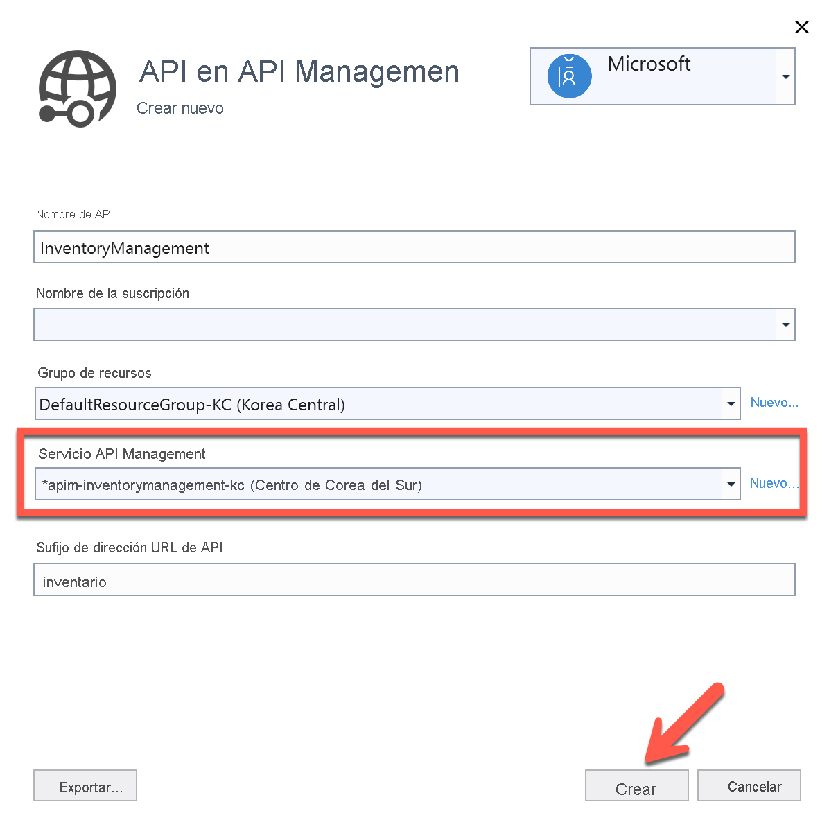 Creación de una API en API Management rellenado