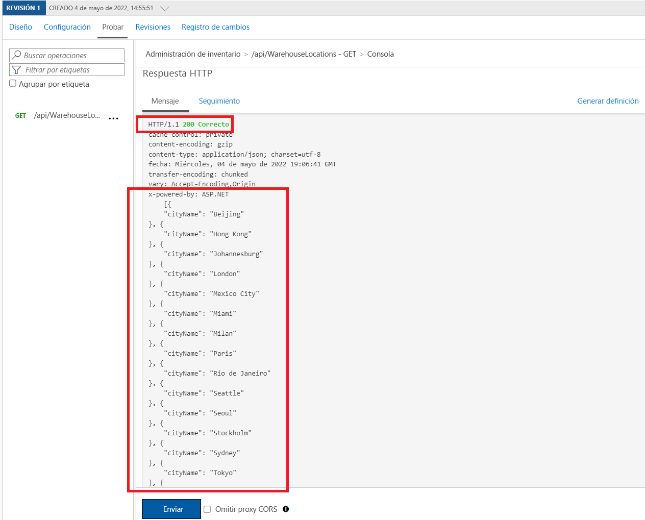 API Management: resultado de la prueba de API