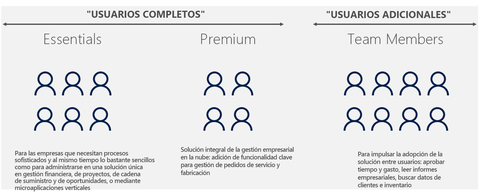 Imagen que muestra los diferentes tipos de usuarios completos y adicionales.