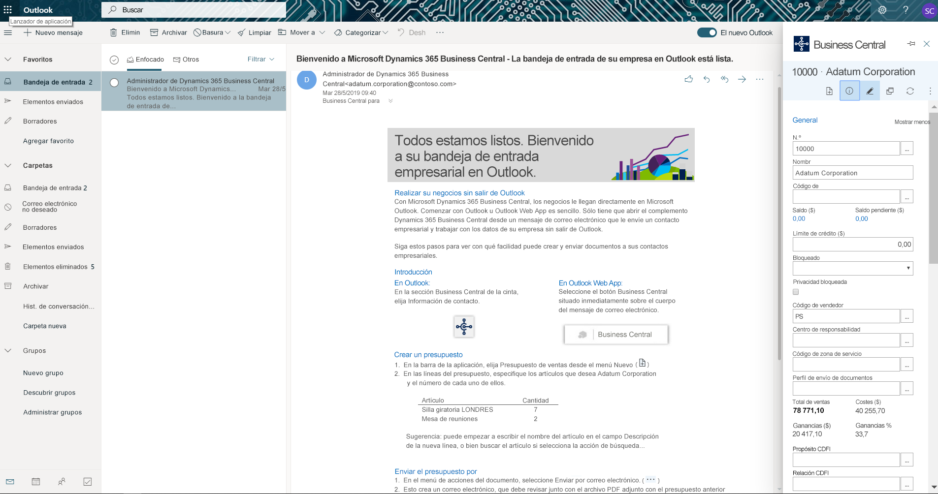 Imagen de Outlook como bandeja de entrada de empresa en Business Central.
