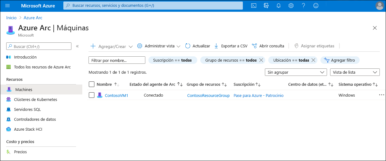 Captura de pantalla de Azure Portal que muestra la entrada que representa un servidor Windows habilitado para Azure Arc.