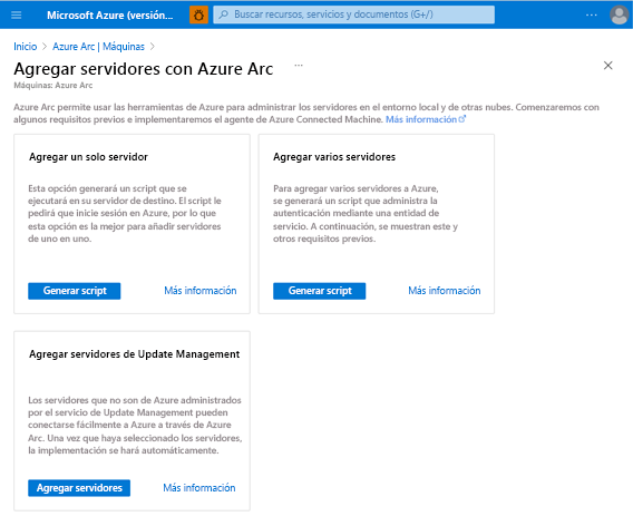 Captura de pantalla en la que se muestran las múltiples opciones para incorporar servidores habilitados para Azure Arc para servidor único, varios servidores y Update Management