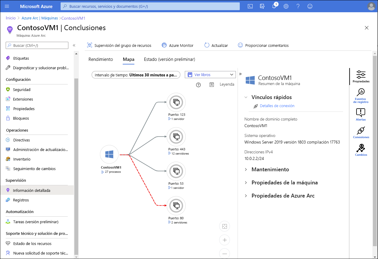 Captura de pantalla en la que se muestra la pestaña Mapa de la página Conclusiones de una máquina virtual en Azure. ContosoVM1 se muestra con detalles de los puertos TCP abiertos. También se muestra un resumen de la máquina virtual, en el que se detalla su sistema operativo, la dirección IP y los vínculos para el estado, las propiedades de la máquina y las de la máquina virtual de Azure. Se muestran tres botones para acceder a Propiedades (seleccionado), Eventos de registro, Alertas y Conexiones.