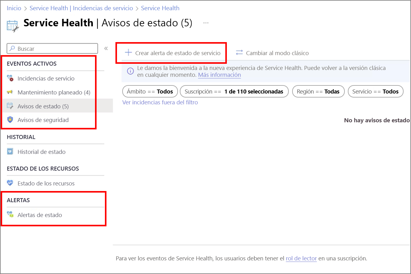 Recorte de pantalla de los avisos de Azure Service Health.