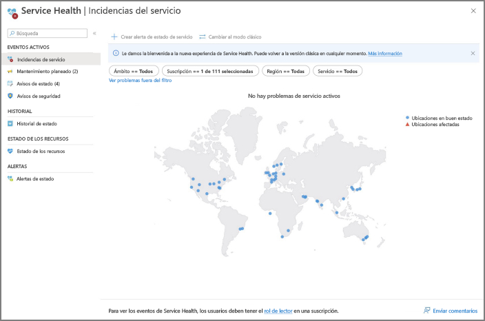 Recorte de pantalla del cambio de Azure Service Health a la vista clásica.