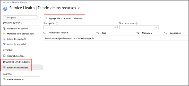 Recorte de pantalla del estado de los recursos de Azure Service Health.