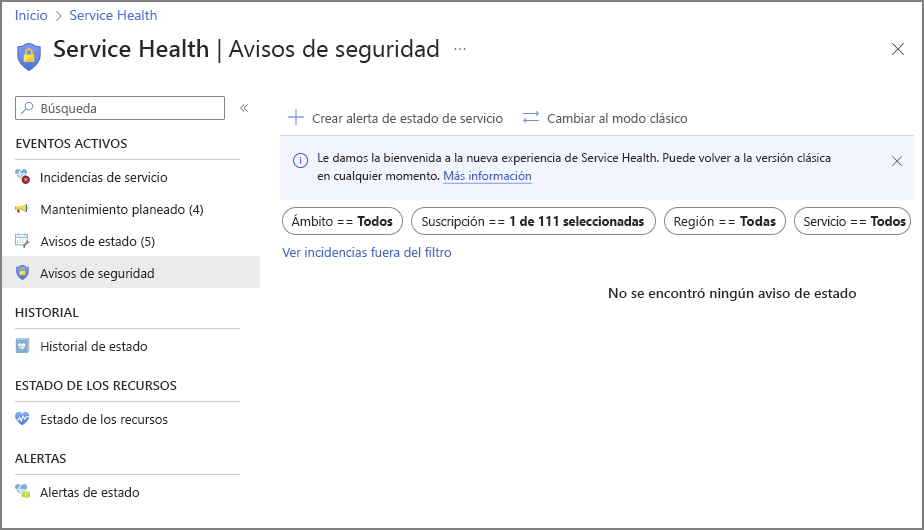 Recorte de pantalla de los avisos de seguridad de Azure Service Health.