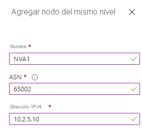 Captura de pantalla de la sección para agregar el nodo del mismo nivel, con los cuadros de nombre, ASN y dirección IPV4 rellenados.