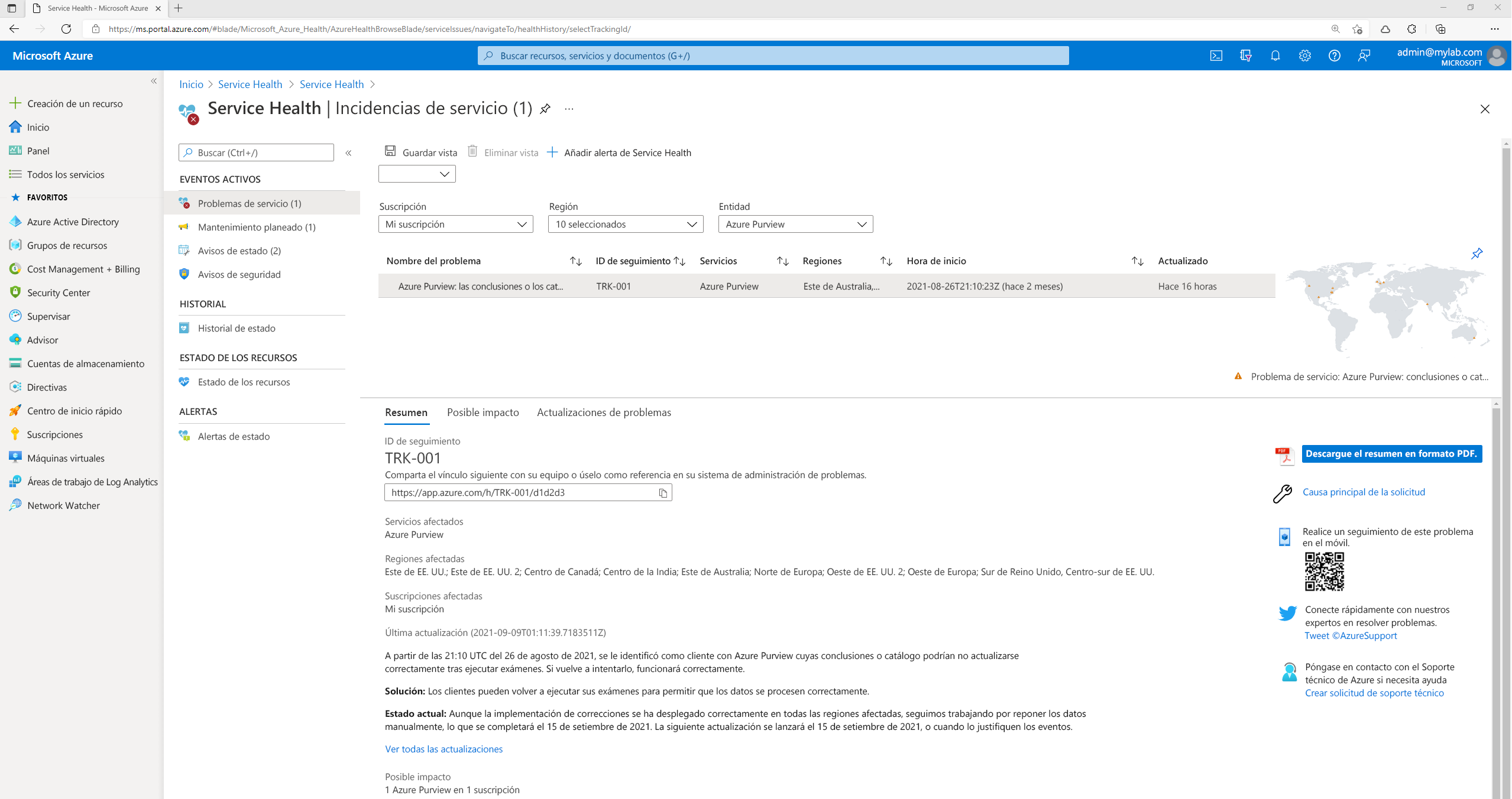 Screenshot of Azure Service Health showing the overall information provided