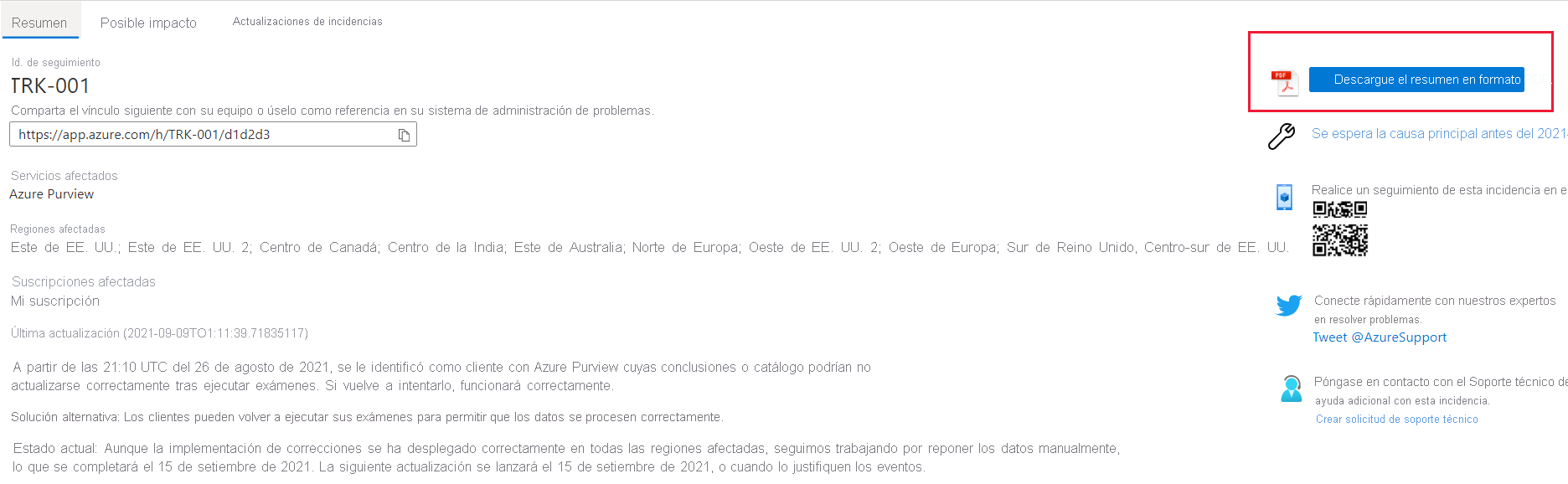 Screenshot with a summary of a Log Analytics issue showing details such as Tracking ID, Impacted regions, Impacted subscription, Last updates, Preliminary Root Cause, and a link to Download the summary as PDF.