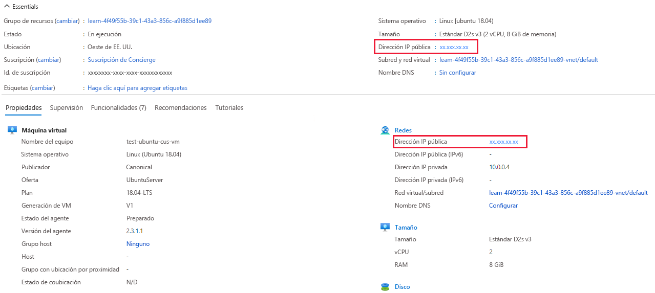 Screenshot showing VM essentials and properties with the public IP address highlighted.