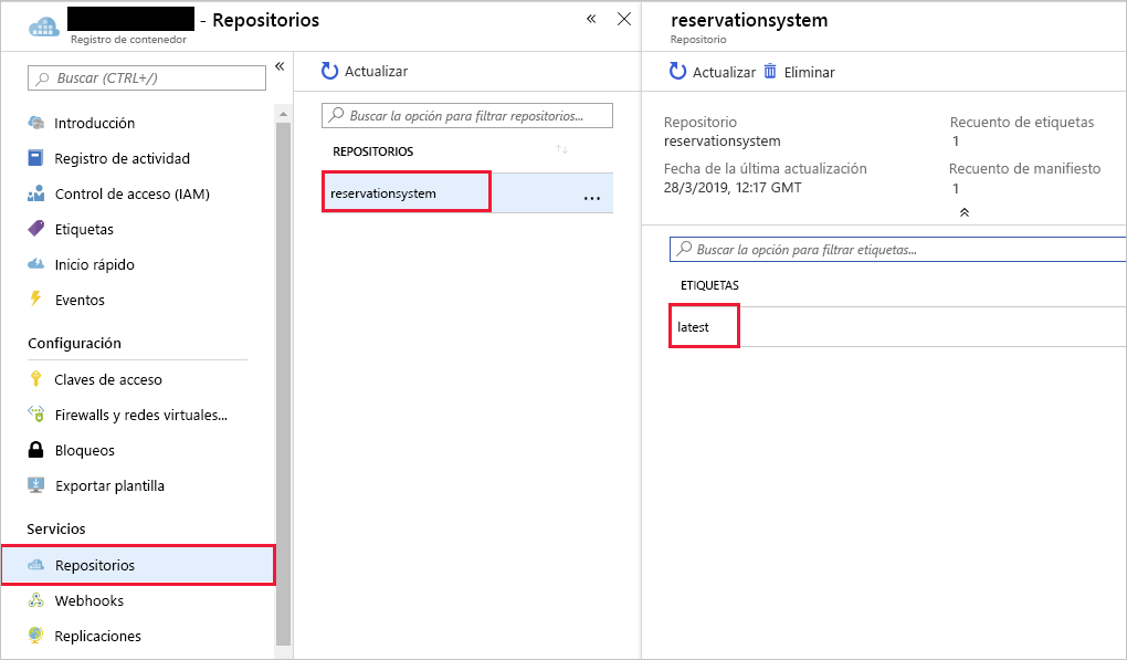 Captura de pantalla en la que se muestra el repositorio y la imagen de contenedor del sistema de reservas etiquetada en el registro.