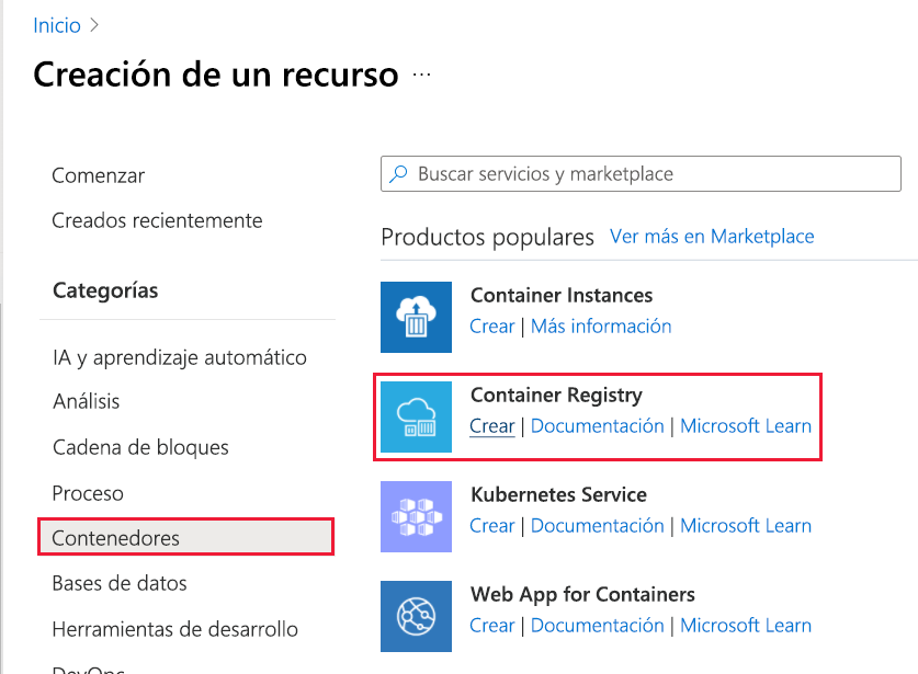 Captura de pantalla en la que se muestra la página Creación de un recurso con el Registro de contenedor.