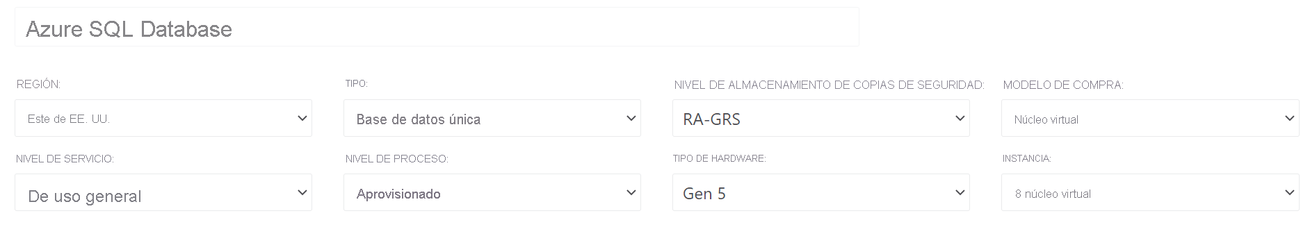 Screenshot of SQL instance options in pricing calculator depicting the region for hosting, the type (single or elastic pool), and the service tier among the options available.