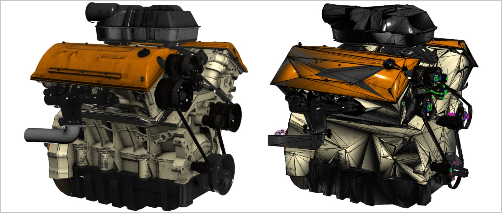 Fotografía de dos modelos 3D de motor de automóvil. El modelo de la izquierda tiene un recuento de triángulos alto y el de la derecha un recuento de triángulos bajo.