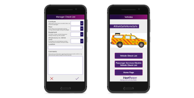 Captura de pantalla de la aplicación del aeropuerto de Heathrow con Power Apps para dispositivos móviles