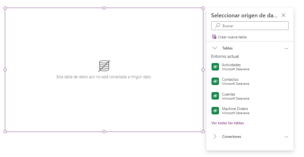 Captura de pantalla con la conexión de un control Copilot a un origen de datos