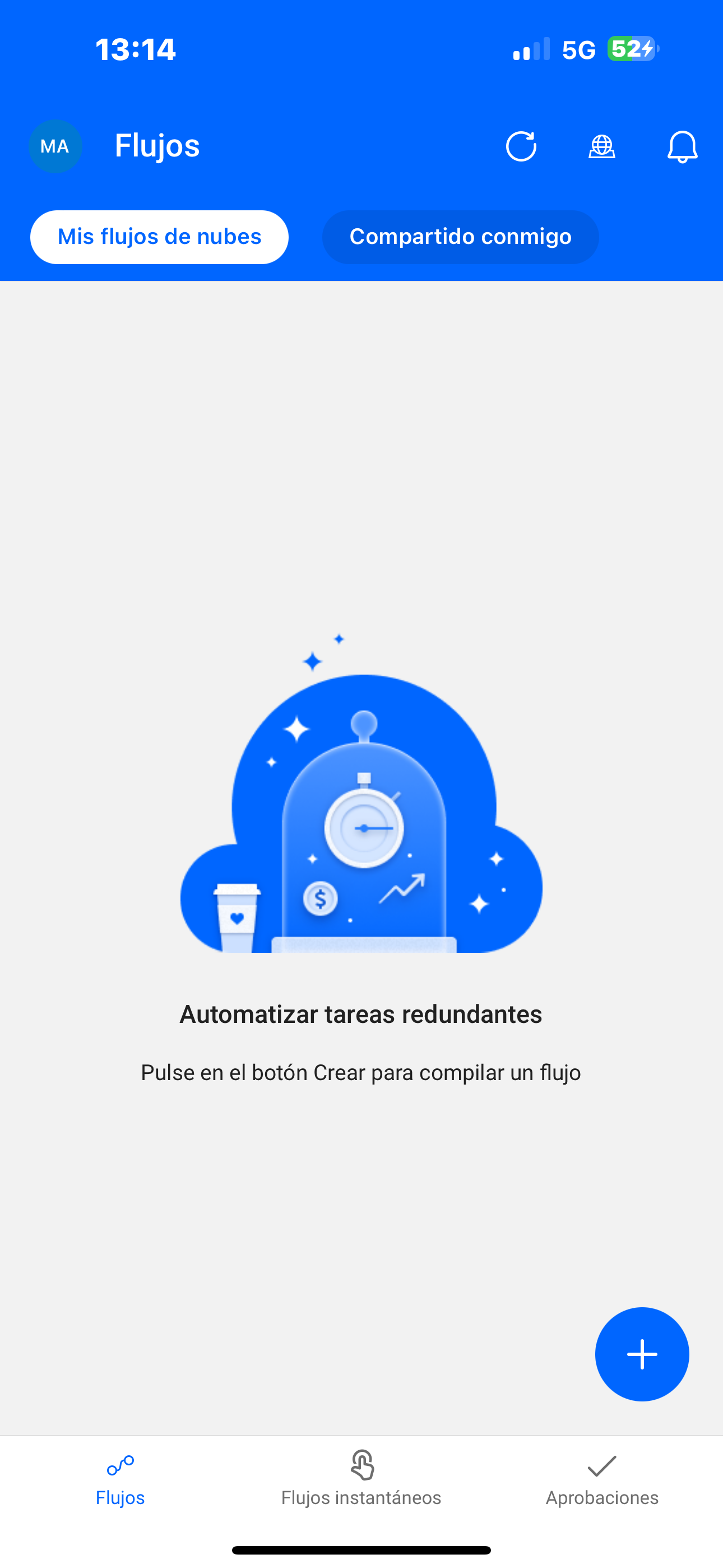 Captura de pantalla de la interfaz de Power Automate para dispositivos móviles, con los flujos existentes