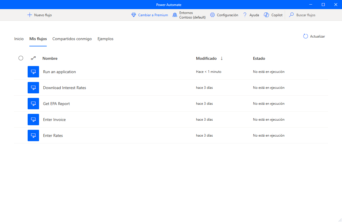 Captura de pantalla de la interfaz de Power Automate para escritorio, con los flujos existentes