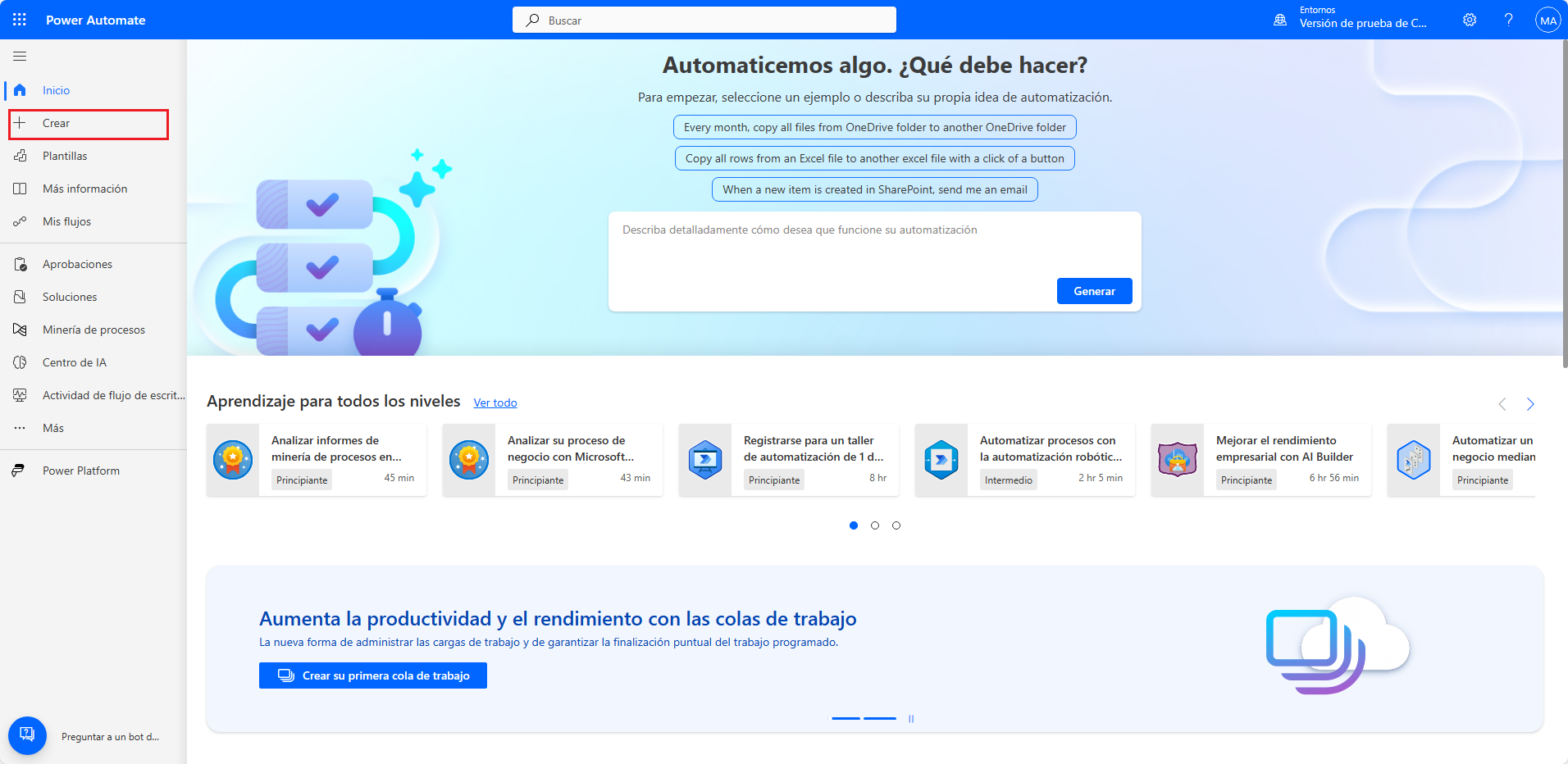 Captura de pantalla de Power Automate maker portal con el botón + Crear resaltado