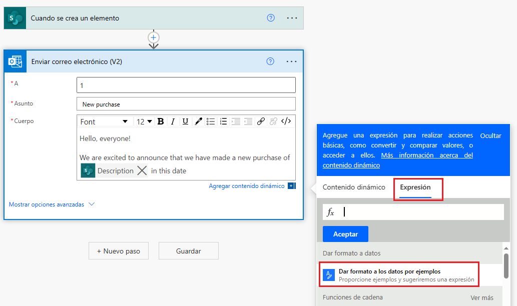 Captura de pantalla de Power Automate sugiriendo expresiones para el resultado deseado