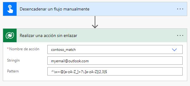 Captura de pantalla que muestra el flujo con el desencadenador y el paso Realizar una acción sin enlazar