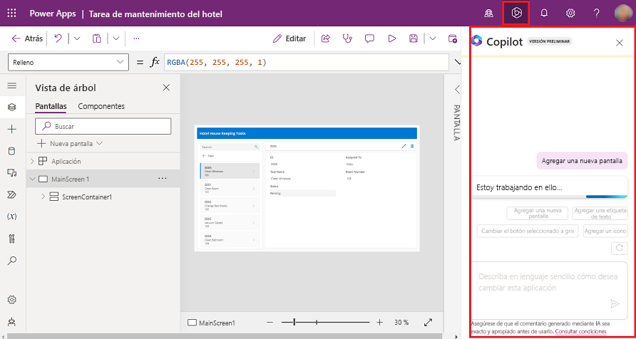 Captura de pantalla del panel de Copilot