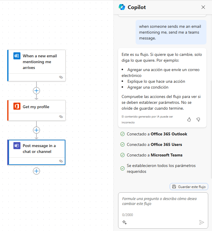 Captura de pantalla de un chat de Copilot para generar un flujo