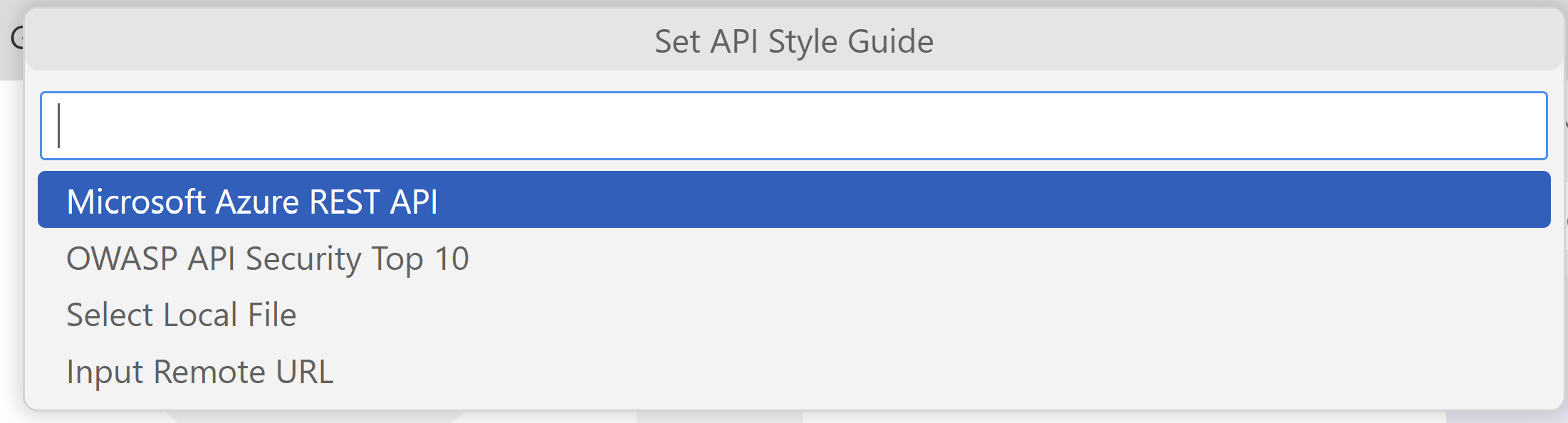 Captura de pantalla que muestra las opciones para establecer la guía de estilo de API en VS Code