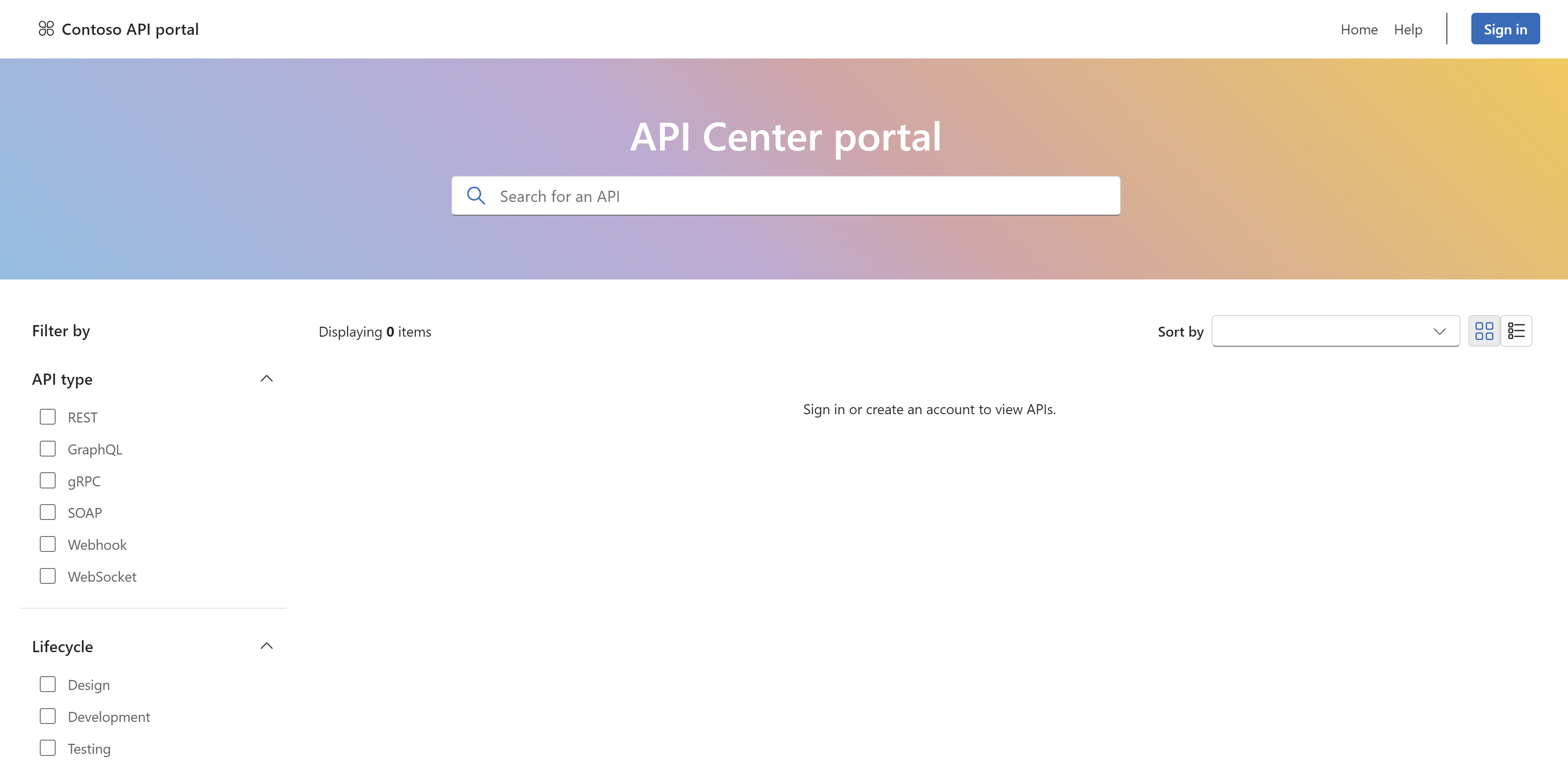 Captura de pantalla que muestra la página de aterrizaje del portal o el sitio web de API Center de Contoso