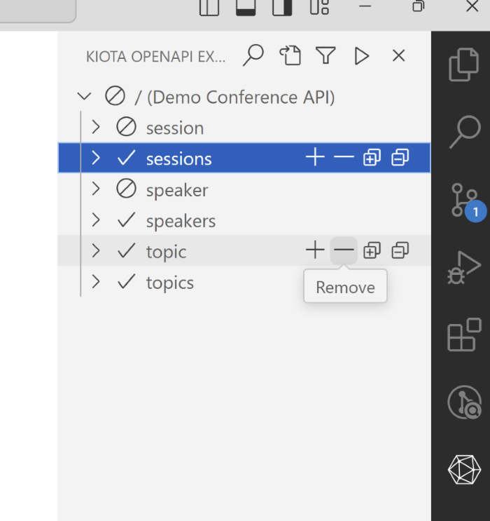 Captura de pantalla que muestra cómo seleccionar una opción para agregar o quitar puntos de conexión específicos en VS Code mediante Kiota