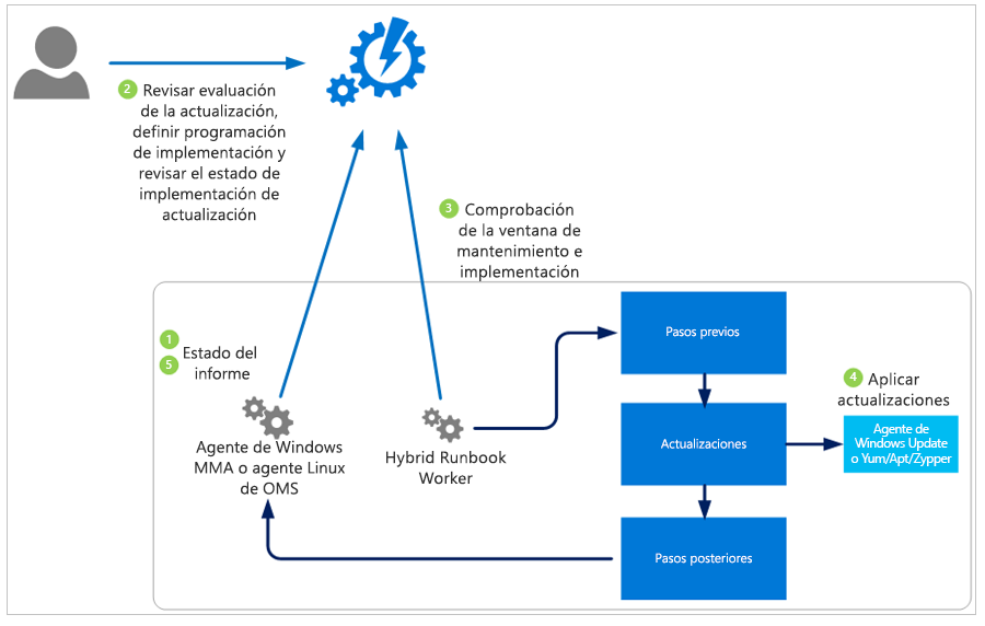 Diagrama en el que se muestra cómo la solución evalúa y aplica actualizaciones de seguridad a todos los equipos Windows Server y Linux conectados en un área de trabajo.