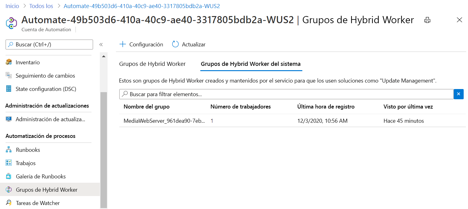 Captura de pantalla en la que se muestra la máquina virtual como un grupo de Hybrid Worker del sistema para la cuenta de Automation.