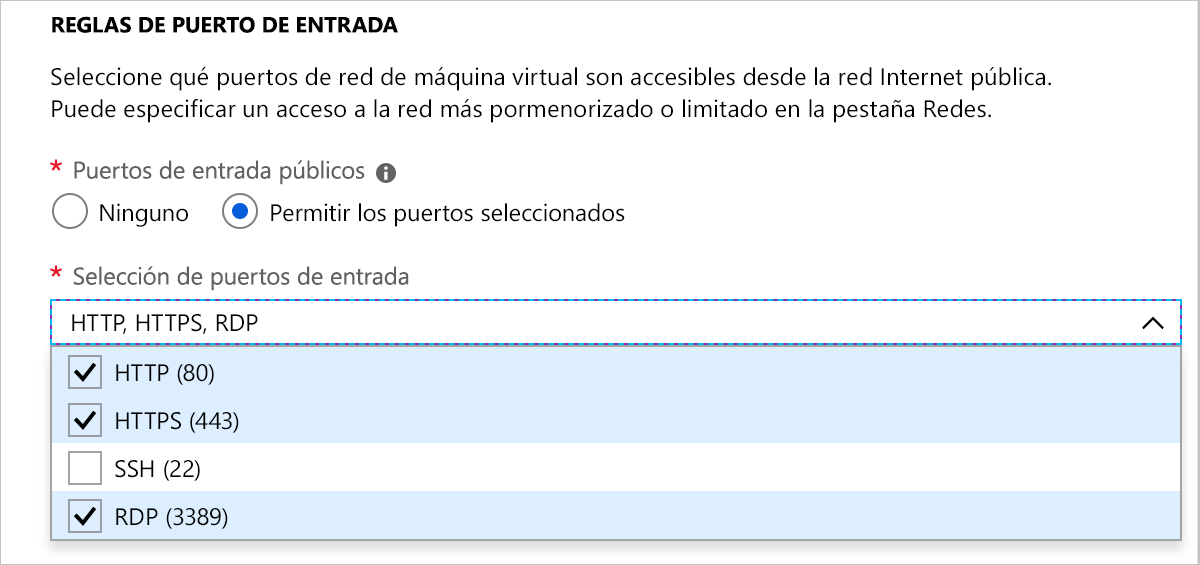 Captura de pantalla de la sección de reglas de puerto de entrada en la que se muestran HTTP, HTTPS y RDP seleccionados.