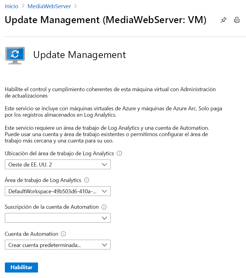 Captura de pantalla de la página de Update Management con los campos Ubicación y área de trabajo de Log Analytics, Suscripción de la cuenta de Automation y Cuenta de Automation.